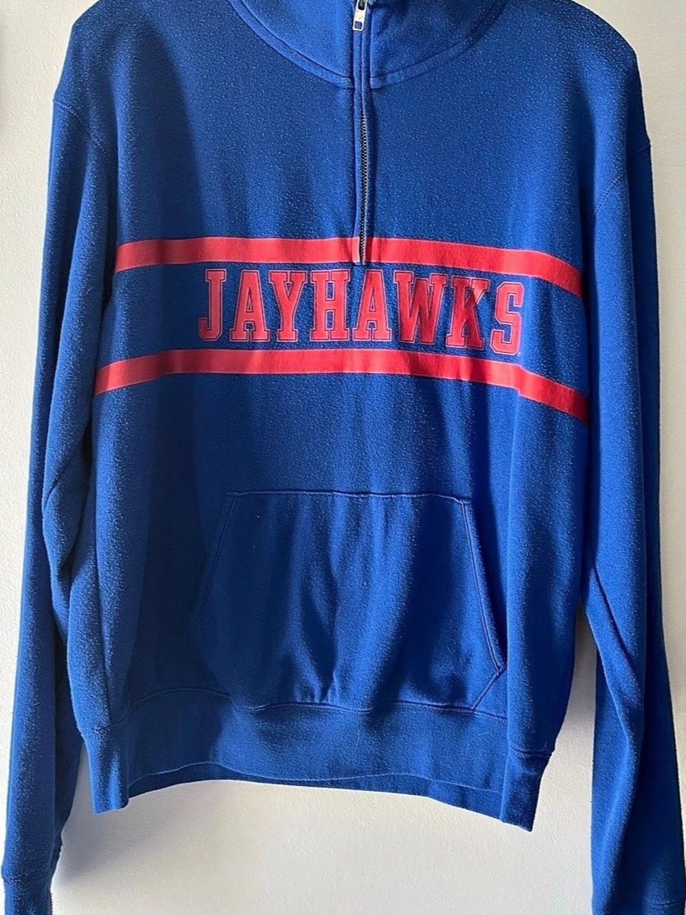 PINK KANSAS JAYHAWKS ROYAL BLUE & RED QUARTER ZIP LIGHTWEIGHT SWEATSHIRT S/P